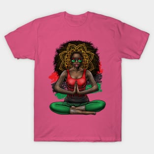 Black Beauty With Afro Love Yoga and Pan African Flag T-Shirt